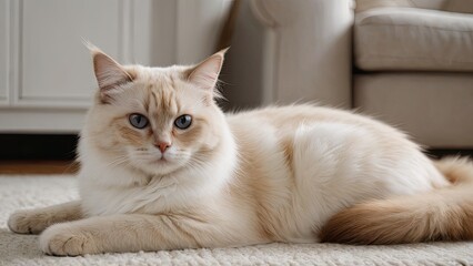 Red point birman cat laying on the floor indoor