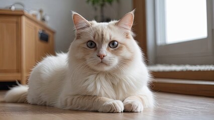 Red point birman cat laying on the floor indoor