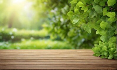 Beautiful spring background with green juicy young foliage and empty wooden table in nature outdoor. AI Generated