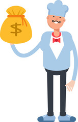 Waiter Character Holding Dollar Sack
