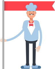 Waiter Character Holding Flag Pole
