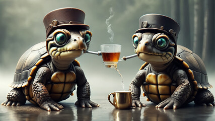 Two steampunk tortoises drinking tea