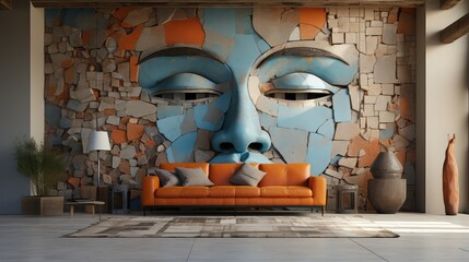 modern living room, 3D maternal face art adorned with earthy, minimalist furniture and décor, wall art