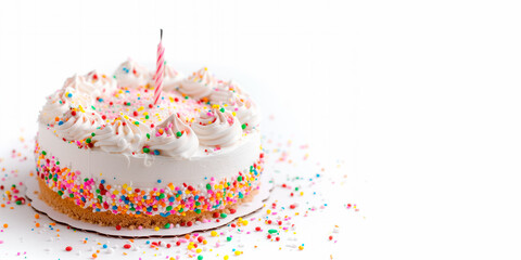 A delicious birthday cake covered in white frosting and multicolored sprinkles