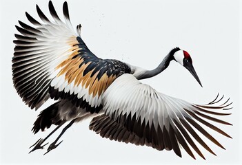 red crowned crane flying paint on white background with clipping path. Generative AI