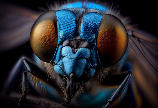 a close up of a blue fly insect with long antennae and large eyes, with a black background and a yellow border around the eyes and bottom half of the image is a blue and. Generative AI