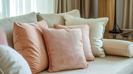 Peach fluff colored pillows lie on the sofa in the room