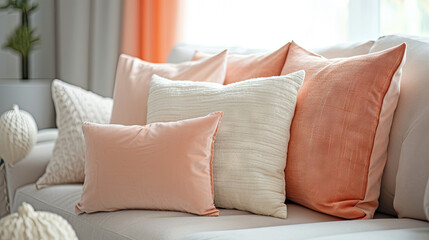 Peach fluff colored pillows lie on a sofa in the living room of an apartment