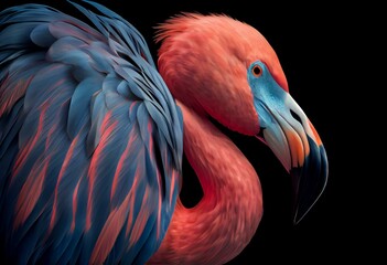 a flamingo with a red and blue head and neck and a black background with a red and blue tail and a black neck and a black background with a red and blue.  generative ai