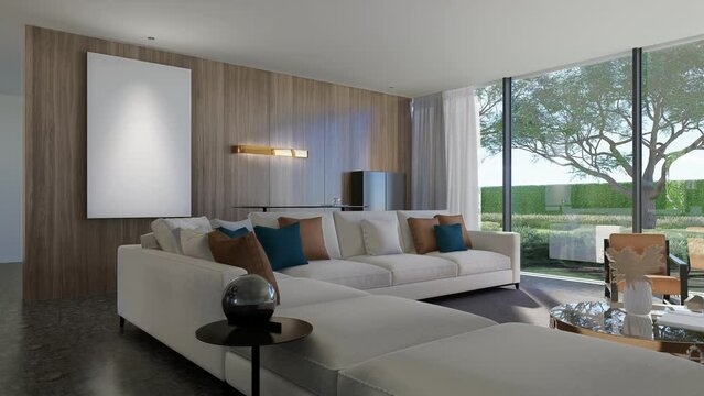 The modern luxury interior of the living room is bright and clean. 3D Animation