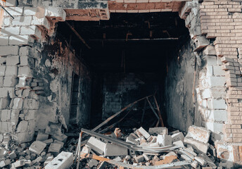 destroyed and burned houses in the city Russia Ukraine war