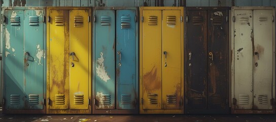 Vintage school lockers in a row, varying colors and stages of wear. perfect for background or texture use. AI