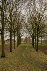 Fototapeta na wymiar tree lined walking hiking footpath leading to antique cannon on edge of historic Holland fortified town Nieuwpoort. Star shaped walled city near river Lek part of Old Dutch Waterline defense