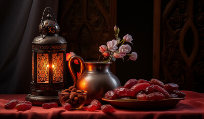 Fototapeta na wymiar Still life for Ramadan: dates, almonds and a shining lamp on a table