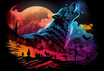 Wolf howling at the moon. Synthwaves coloring, vivid colors. Graphic template design with nature and animal. T-Shirt illustration. Generative AI