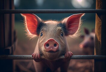 little pretty baby pig peeking out from behind fence at pig farm. Generative AI