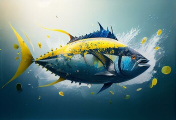 Generative AI illustration of watercolor painting of tuna fish with sharp fins floating underwater with blue and yellow baubles