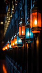lanterns with candles shining in the dark, perspective view, Ramadan holiday