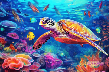 Obraz na płótnie Canvas Turtle with group of fishes and sea animals, underwater ocean background