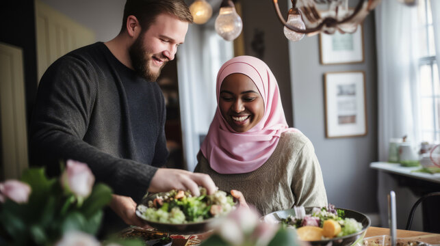Multicultural couple sharing a joyous moment preparing a meal together - Powered by Adobe