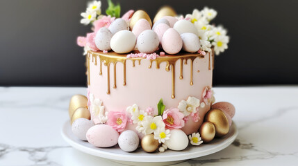 Fototapeta na wymiar Elegant Easter cake with dripping chocolate and decorative eggs on white plate