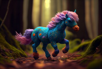 bright colored pony running in a lively forest. Generative AI