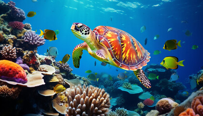 Turtle with group of fishes and sea animals, underwater ocean background