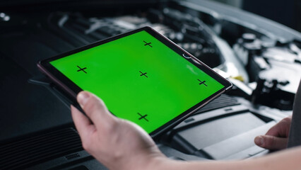 Unrecognizable male car service worker checking car and doing maintenance using a digital tablet computer with green screen chromakey, while standing near the opened bonnet © wedmoments.stock