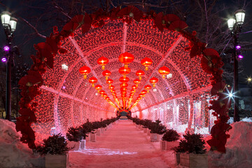 Chinese New Year in Moscow. The glowing tunnel with red decorative lanterns on Tverskoy Boulevard