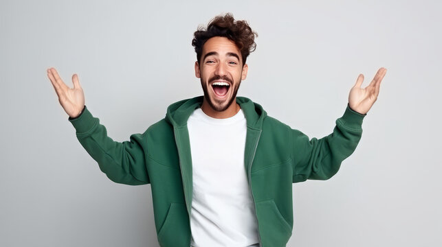 Joyful young man with open arms celebrating a success on a gray background