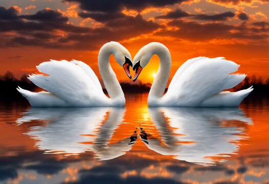  Simbolo di Amore- Coppia di Cigni Bianchi Che Si Specchiano, Creando un Cuore, Mentre Navigano nelle Acque Cristalline di un Lago di Fronte a un Tramonto Incantevole, Immagine di Alta Qualit&agrave;