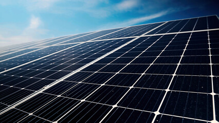 Close-up of solar power plant eco technology. Landscape of solar panels at a photovoltaic power...