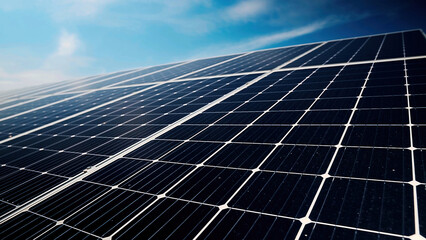 Close-up of solar power plant eco technology. Landscape of solar panels at a photovoltaic power plant. The concept of sustainable resources.