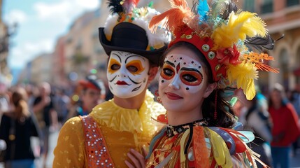 Vibrant carnival costumes and masks portray festive atmosphere. colorful street parade. cultural event representation. AI