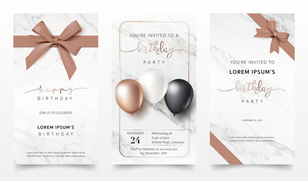 Set of  Happy birthday invitation banner template. Birthday greeting card with 3D gold balloon, ribbon, bow on marble background for luxury modern party, invite cards. Vector Illustration