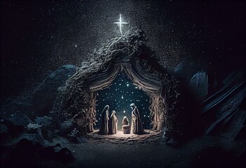 Christmas Nativity Scene Birth of Jesus Mary Joseph Manger Bethlehem Stars Moon Abstract Generative AI Tools Technology illustration - obrazy, fototapety, plakaty
