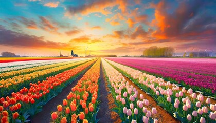 field of tulips in spring - obrazy, fototapety, plakaty