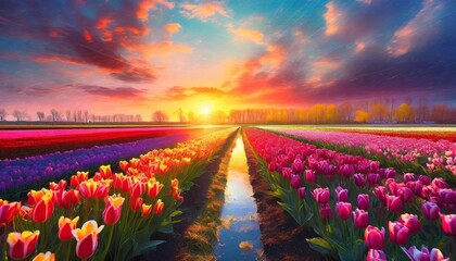 field of tulips in spring - obrazy, fototapety, plakaty