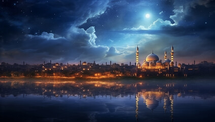 Obraz premium beautiful ramadan banner with a mosque on the coast in the background of the sky with the moon