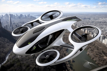 future flying car. An electric air taxi eVTOL soaring high above a cityscape