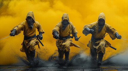 3 ninjas running through yellow smoke, in motion, yellow background