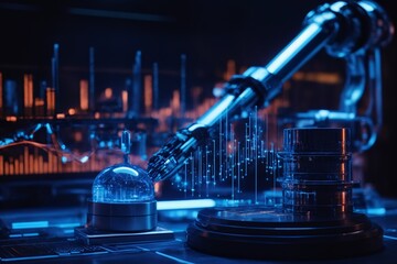A manipulator arm assembles a part against the background of a Stepped hologram of data analysis on a monitor in a laboratory. Concept of data analysis for business, future technologies. AI generated