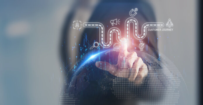 Customer journey, marketing and customer behavior analysis concept. Understanding the customer journey to improve their overall customer experience and increase loyalty. Marketing strategic planning.