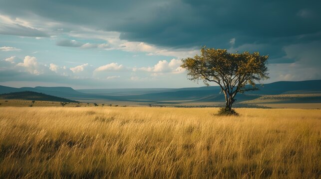 Solitary tree stands in a golden field under a vast sky. evocative of peace and solitude. ideal for backgrounds and natural scenes. AI