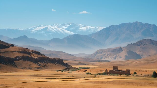 Stunning desert landscape with snowy mountains in the background. peaceful natural scenery for travel and adventure. AI