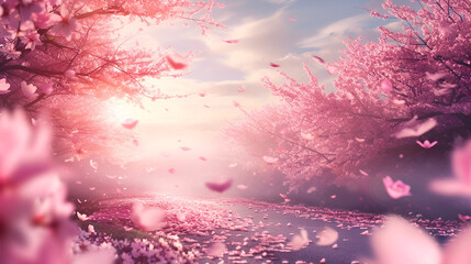 blooming sakura trees and sakura flowers close up in the light of the sun with place for text and free space