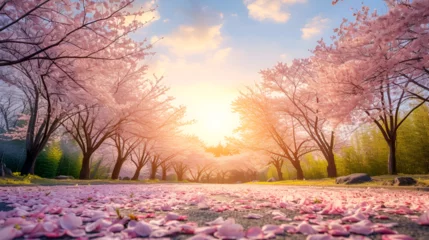 Gartenposter blossoming sakura trees in the light of the sun and sakura petals lie on the paths with copy space and place for text © katerinka