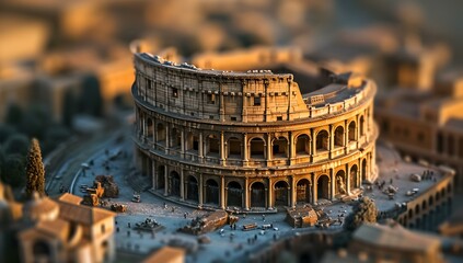 Golden hour light on a miniature style colosseum, architectural model photography, perfect for tourism and history. AI - obrazy, fototapety, plakaty