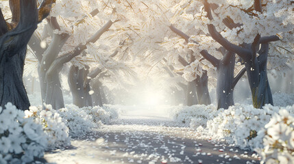 blooming white sakura trees in the light of the sun with place for text and free space