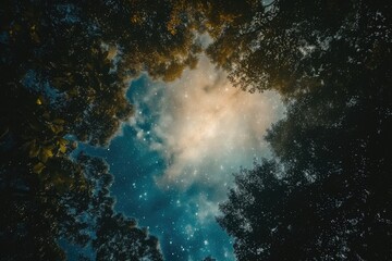 Trees are in the foreground of a starry sky - obrazy, fototapety, plakaty
